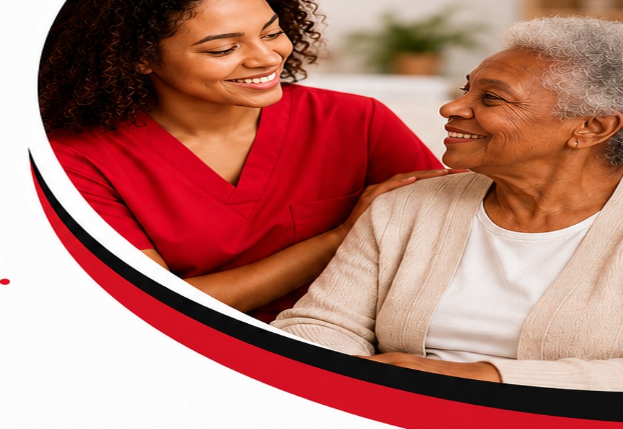 Caregiver assisting and smiling with a senior client